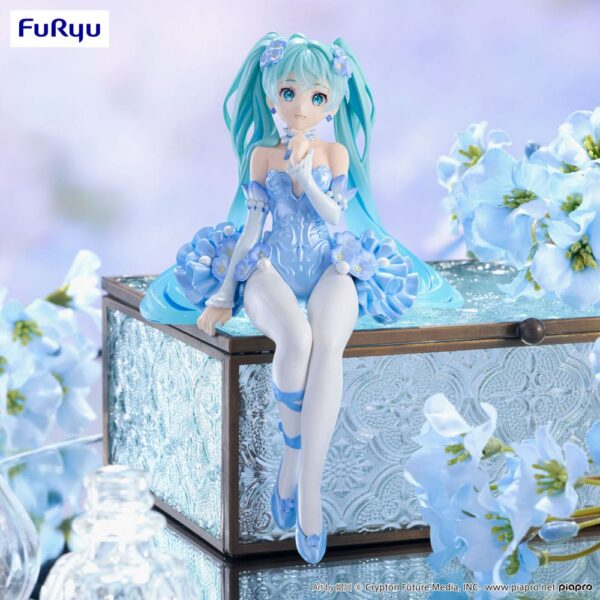 Hatsune Miku Noodle Stopper PVC Szobor Flower Fairy Nemophila Pail Blue Color Ver. 15 cm